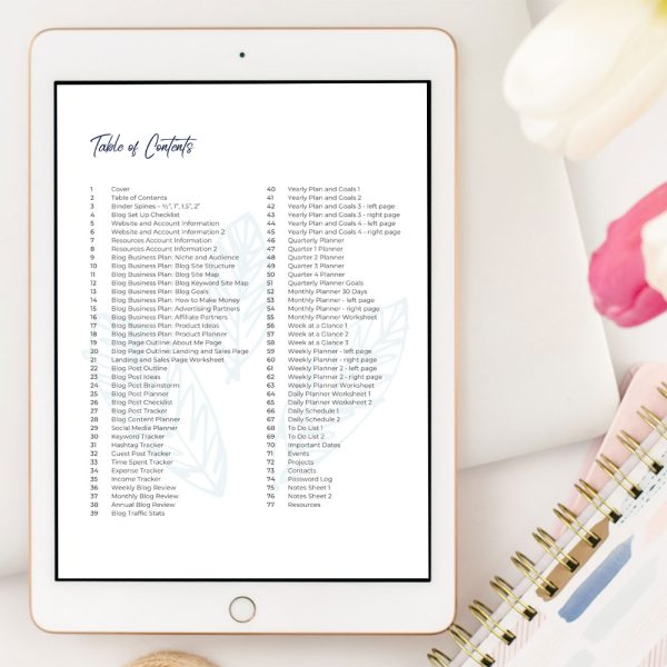 Blogging Planner Table of Contents