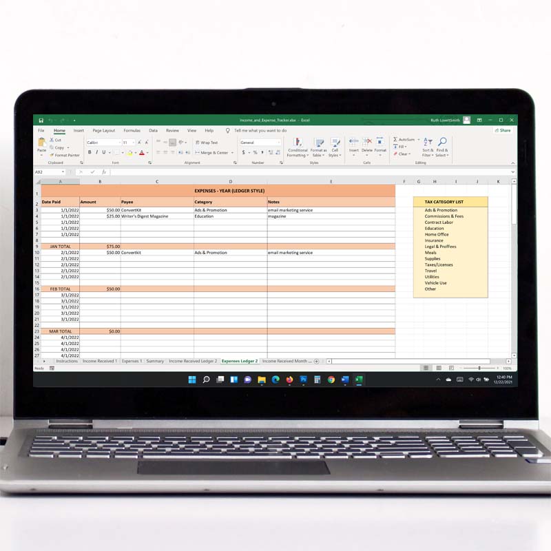 Small Business Spreadsheet for Income and Expenses 2B